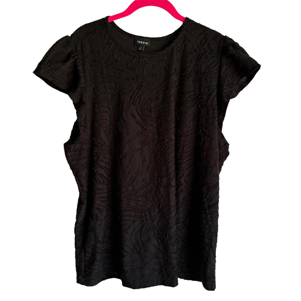 TORRID Knit Jacquard Black Crew Neck Ladies Minimalist Flutter Sleeve Top, 1/XL